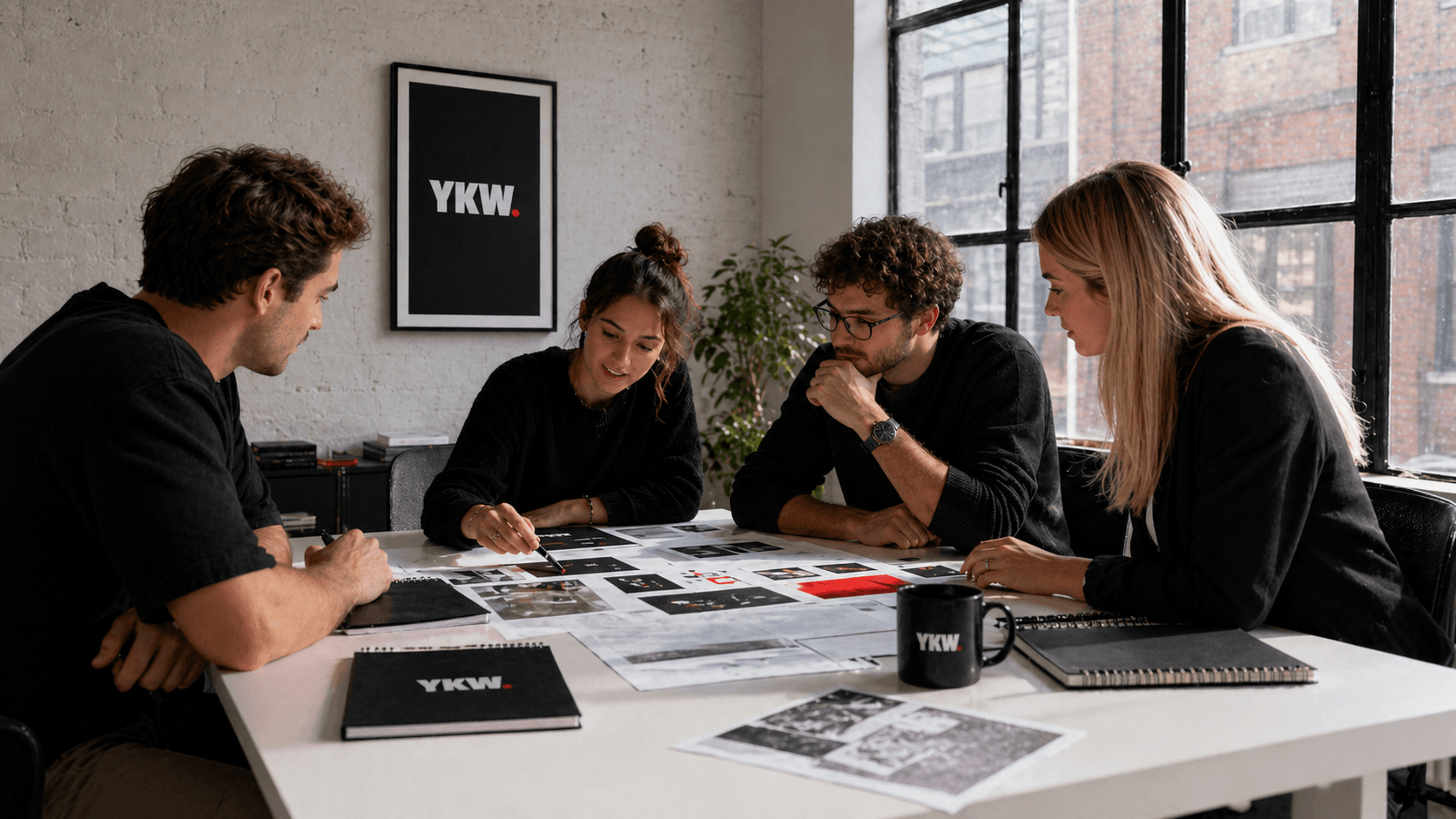YOU KNOW WHO. team reviewing branded print layouts and content prints around a studio table
